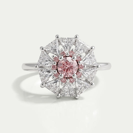 Pink Round Cut Halo Triangle Engagement Ring Rings