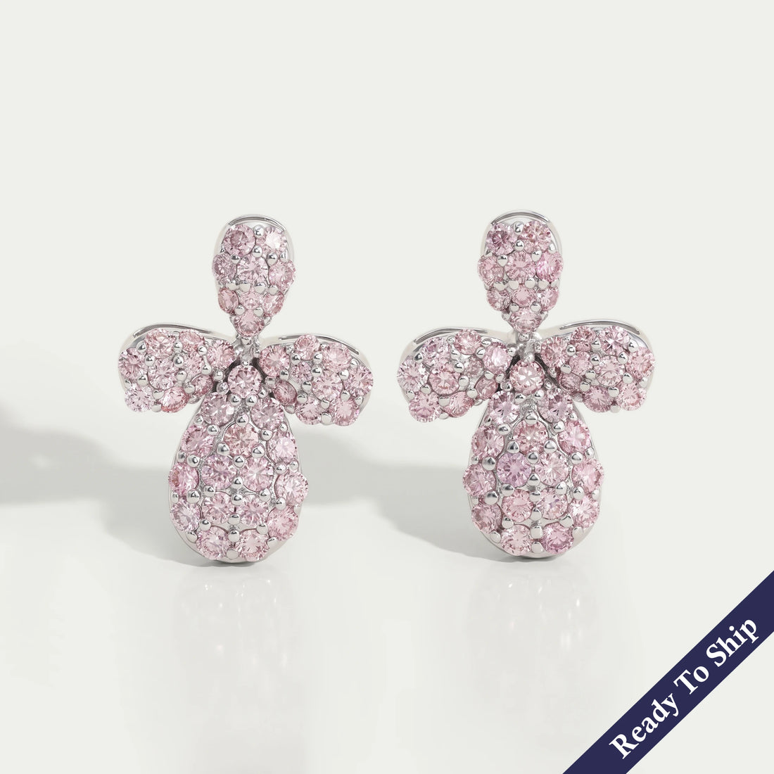Floral Shape Pink Round Cut Push Back Stud Earrings