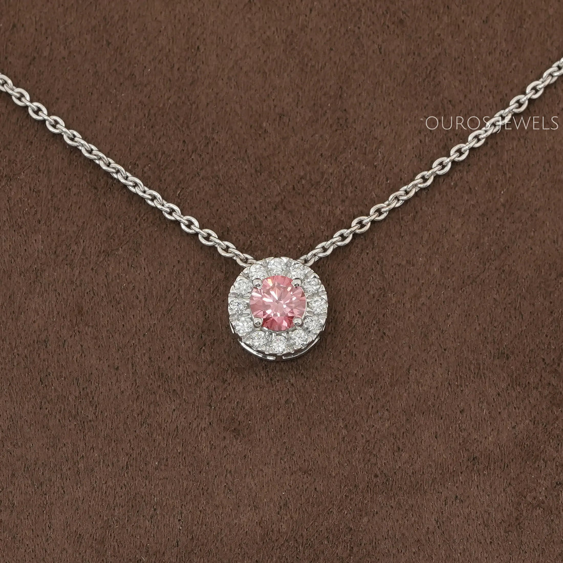 Pink Round Cut Diamond Halo Pendant Necklaces