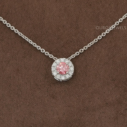 Pink Round Cut Diamond Halo Pendant Necklaces