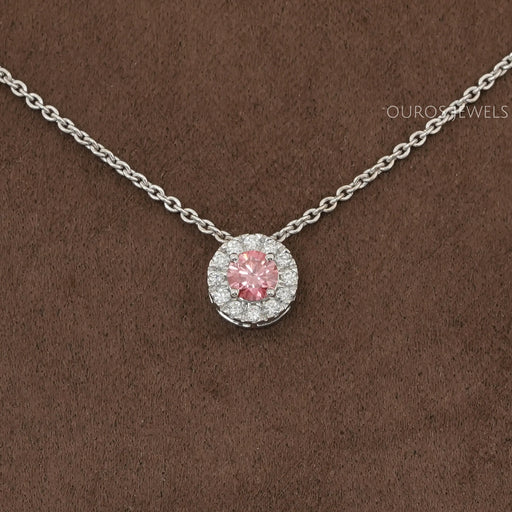 front view of round pink lab grown diamond halo pendant necklace
