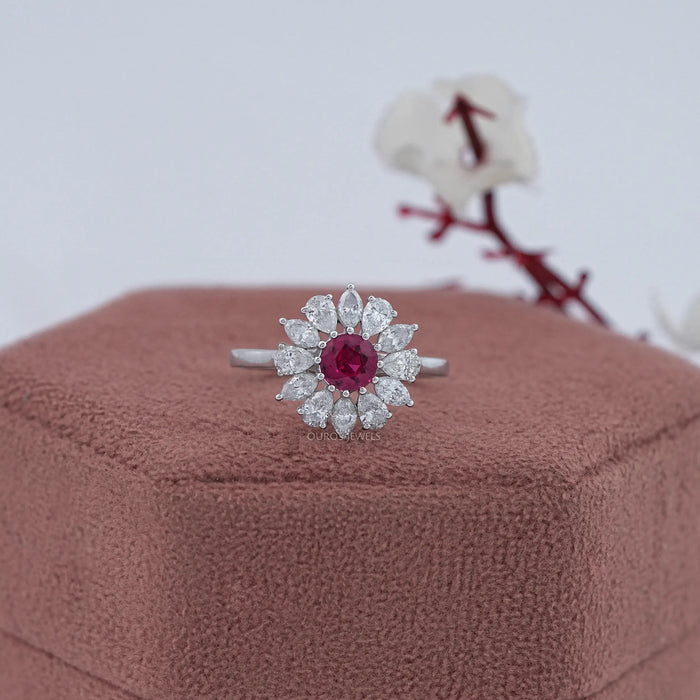 Ruby Round And Lab Diamond Floral Halo Engagement Ring