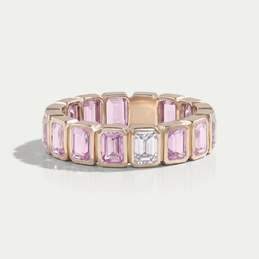 Sapphire Pink Emerald Cut Bezel Set Eternity Wedding Band Rings