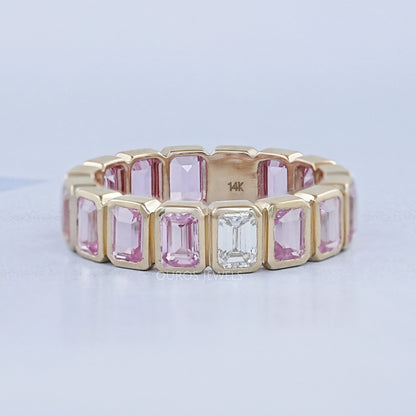 Sapphire Pink Emerald Cut Bezel Set Eternity Wedding Band Rings
