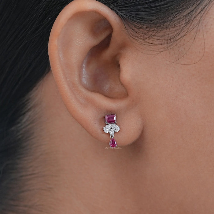 Pink Emerald Gemstone And Pear Diamond Drop Earrings