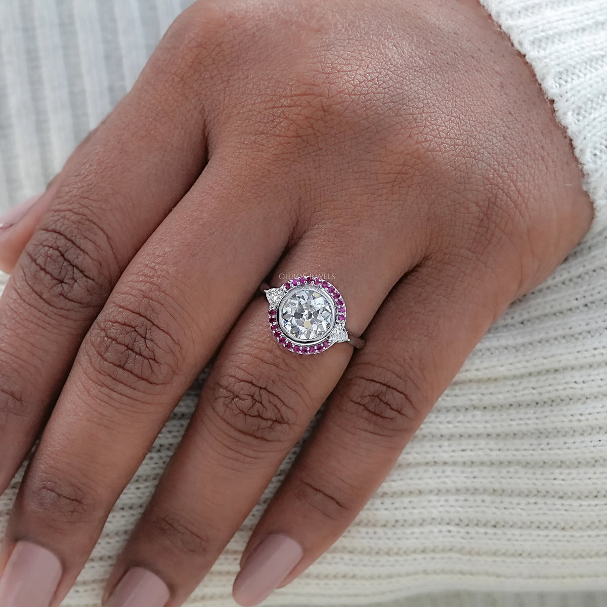 Bezel OEC Round Cut And Pink Sapphire Halo Engagement Ring