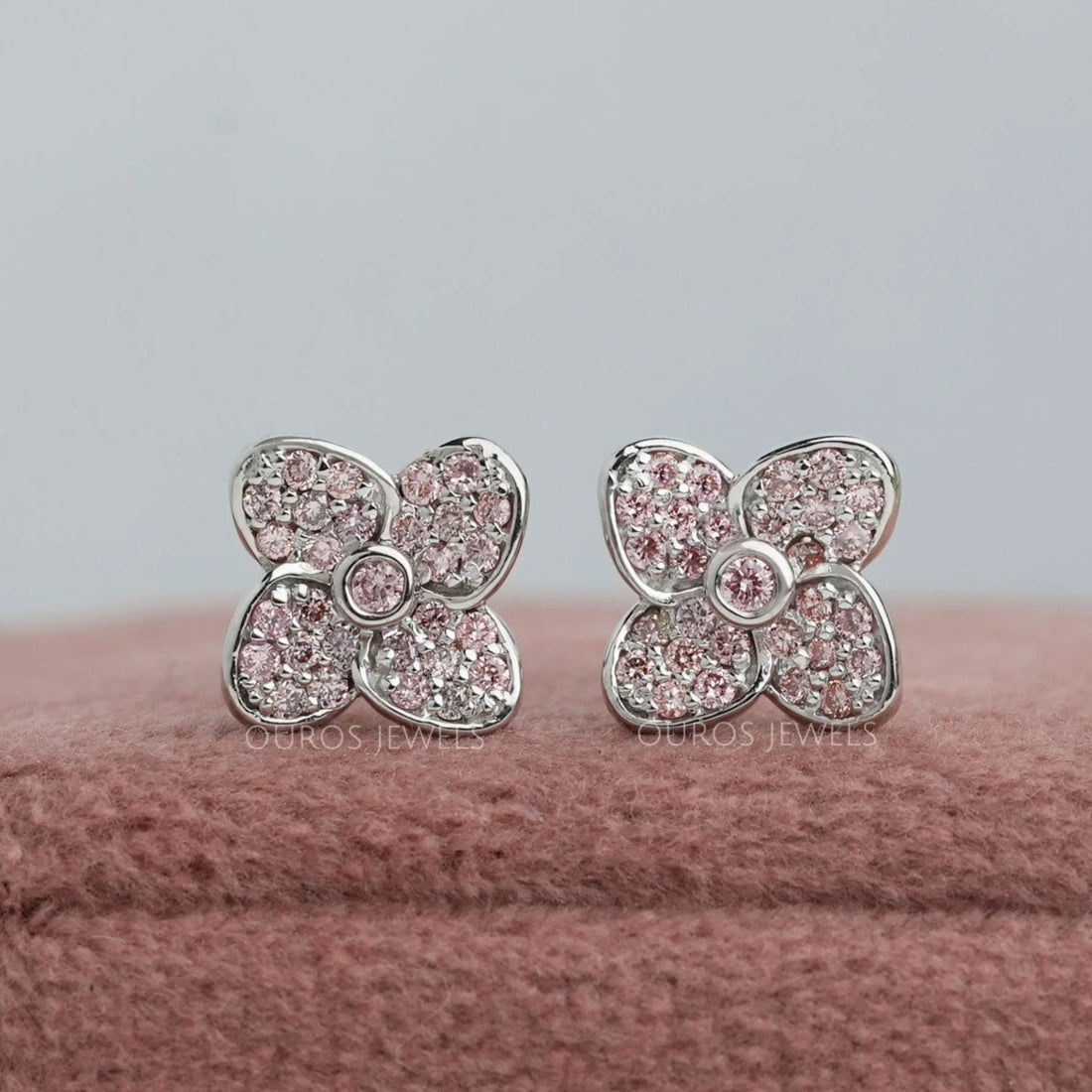 Flower Shape Pink Round Cut Lab Diamond Stud Earrings