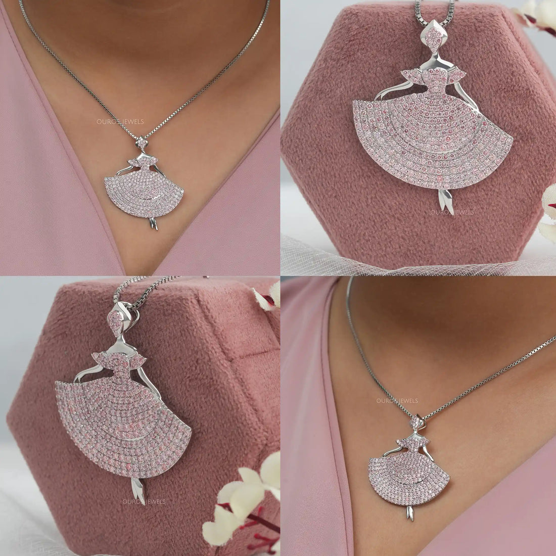Fancy Pink Round Cut Crystals Barbie Doll Pendant Necklaces