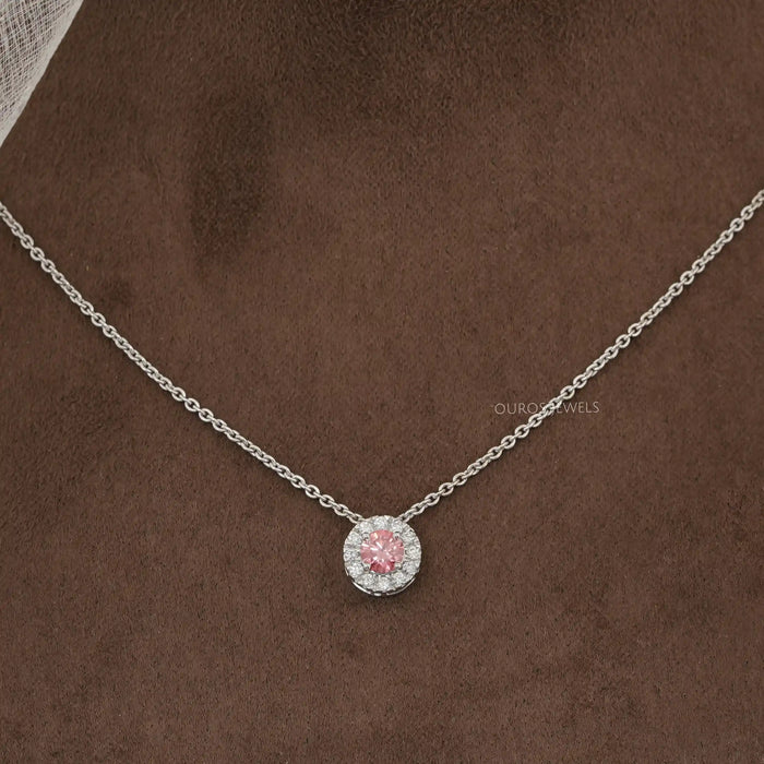 Pink Round Tourmaline & Diamond Halo Pendant