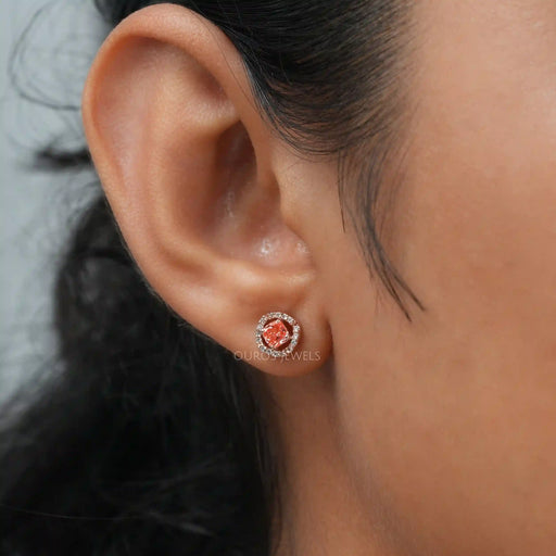 [A Women wearing Pink Cushion Cut Stud Earrings]-[Ouros Jewels]