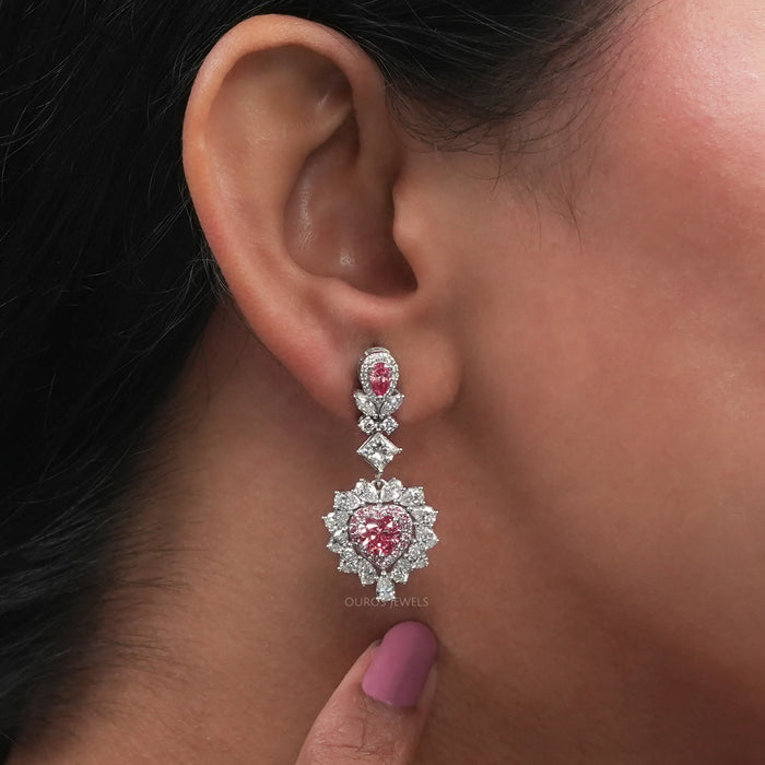 Pink Heart Cut Double Halo Drop Dangle Earrings  