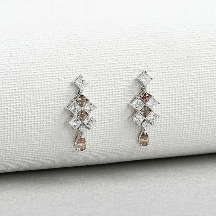 Brown Princess Cut Cluster Diamond Drop Earrings