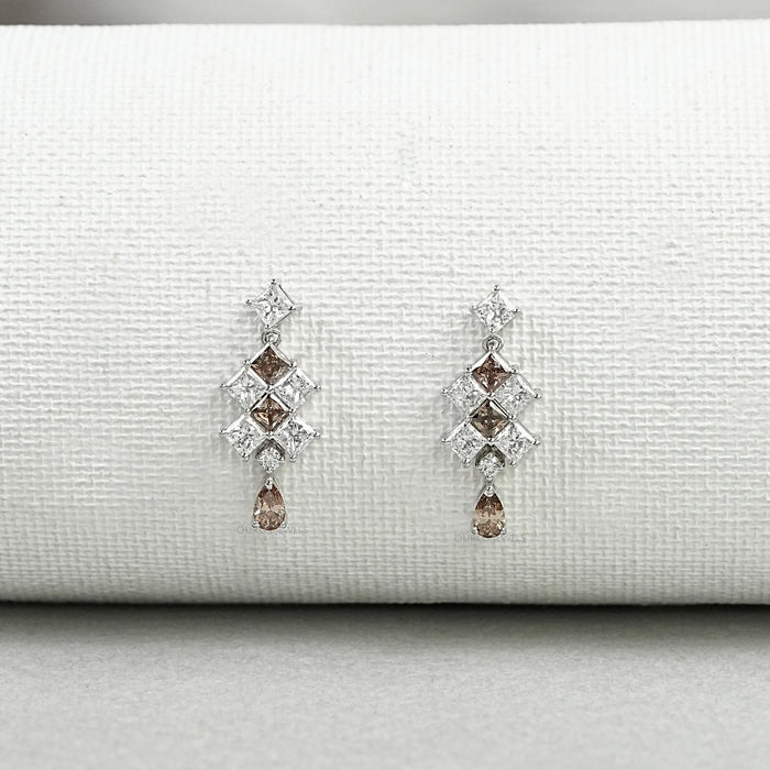 Brown Princess Cut Cluster Diamond Drop Earrings