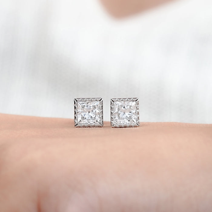 Milgrain Set Princess Lab Grown Diamond Stud Earrings