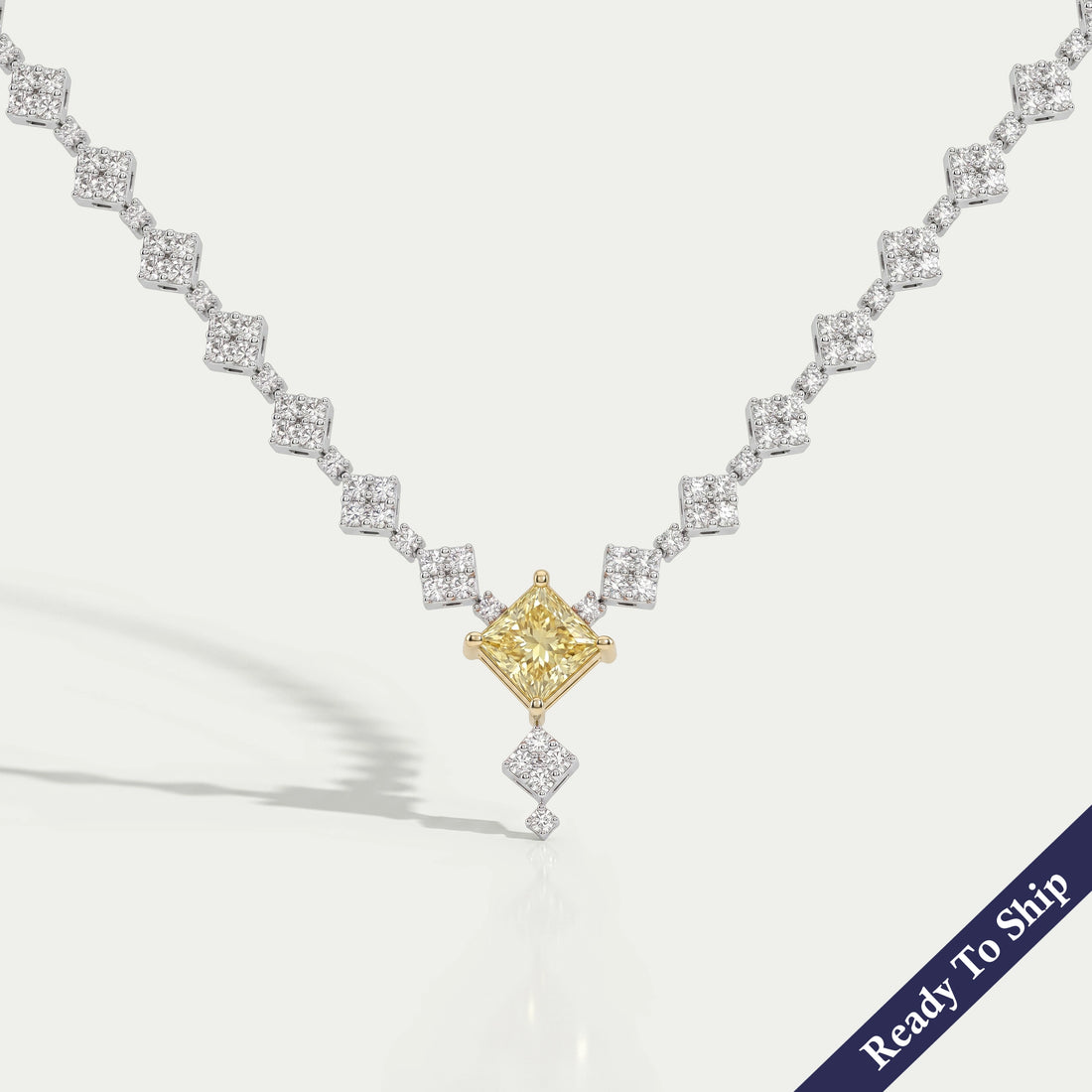 Princess And Round Cut Cluster Diamond Necklace Set Necklaces