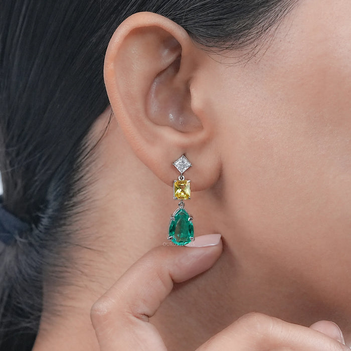 Green Pear And Yellow Radiant Diamond Drop Earrings