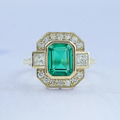 Three Stone Emerald Gemstone Halo Ring Ring