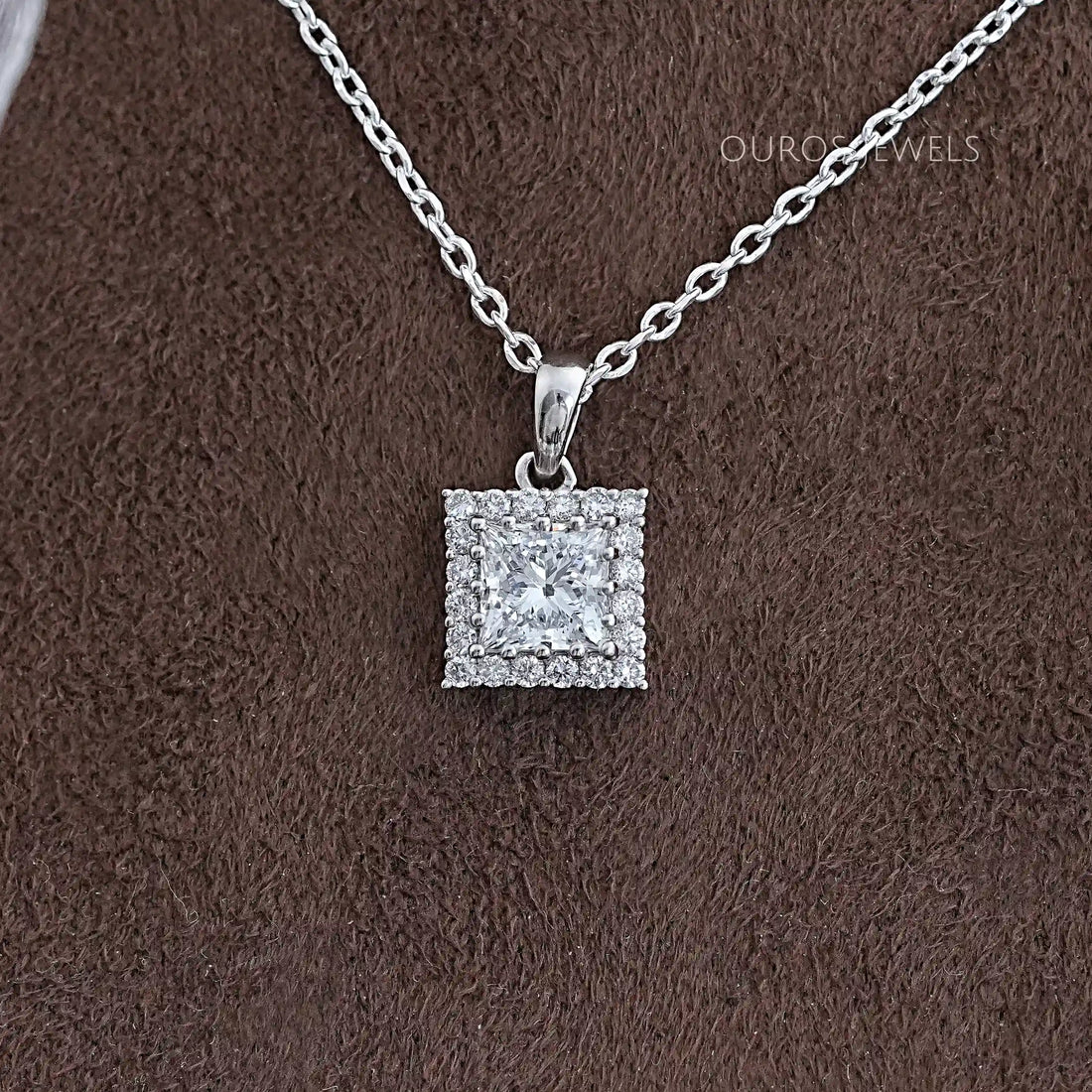 Princess Cut Lab Diamond Halo Pendant Necklaces