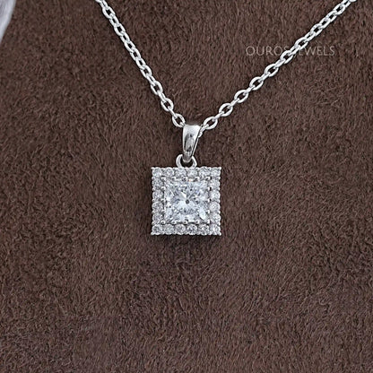 Princess Cut Lab Diamond Halo Pendant Necklaces