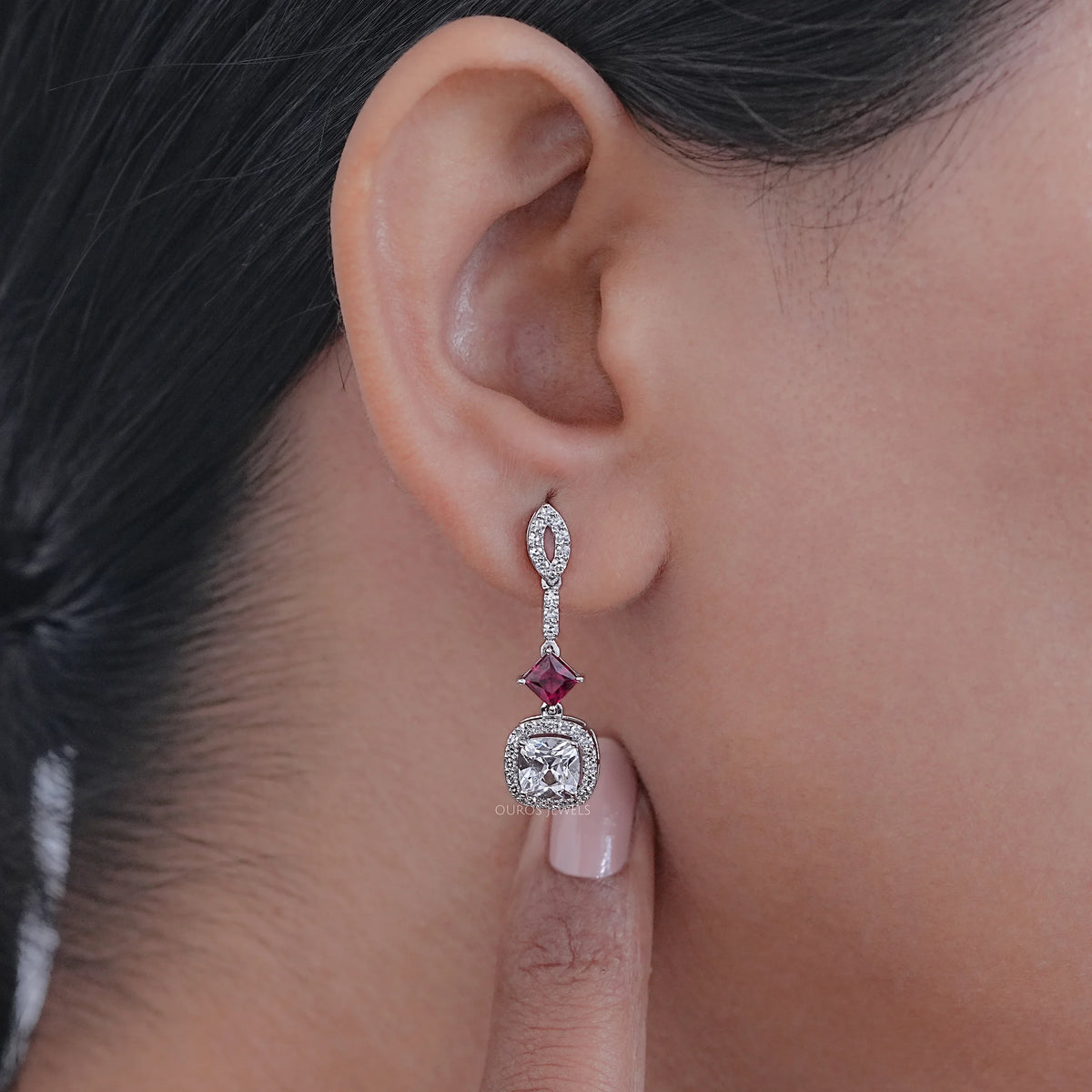 Ruby Princess Old Mine Cushion Cut Halo Dangle Earrings Earrings