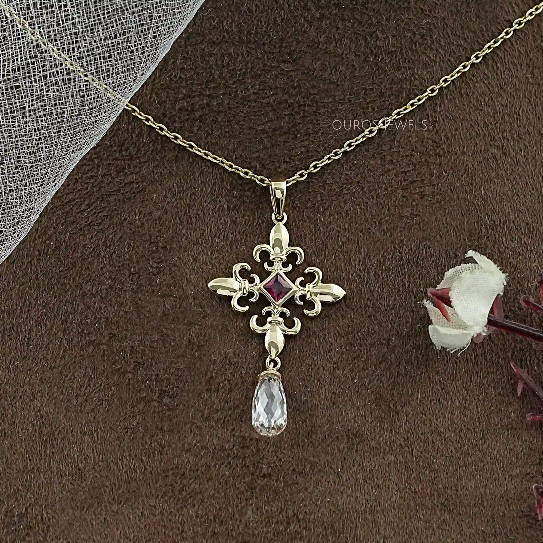 Princess Ruby Gemstone Fleur De Lis Pendant Necklaces