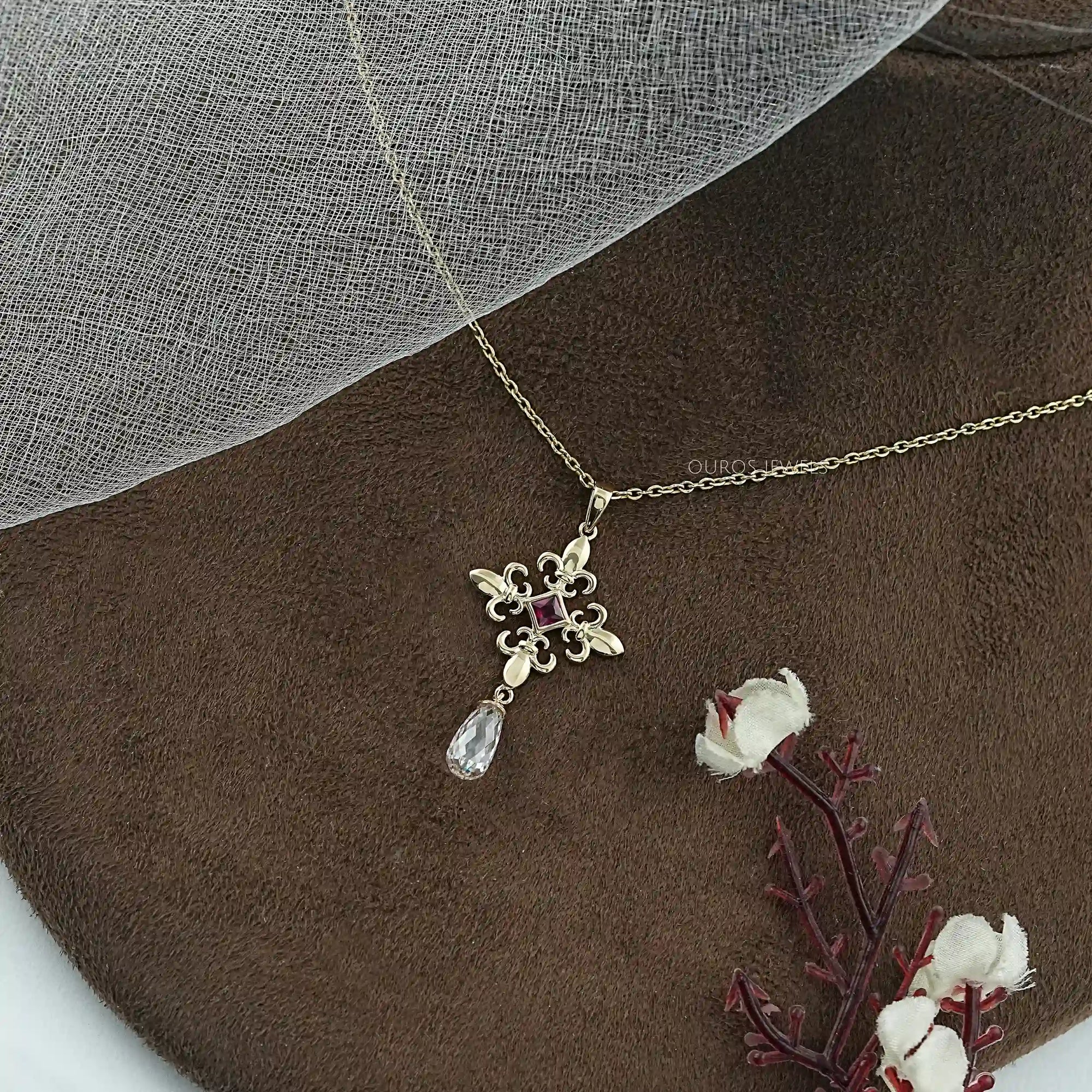 Princess Ruby Gemstone Fleur De Lis Pendant Necklaces