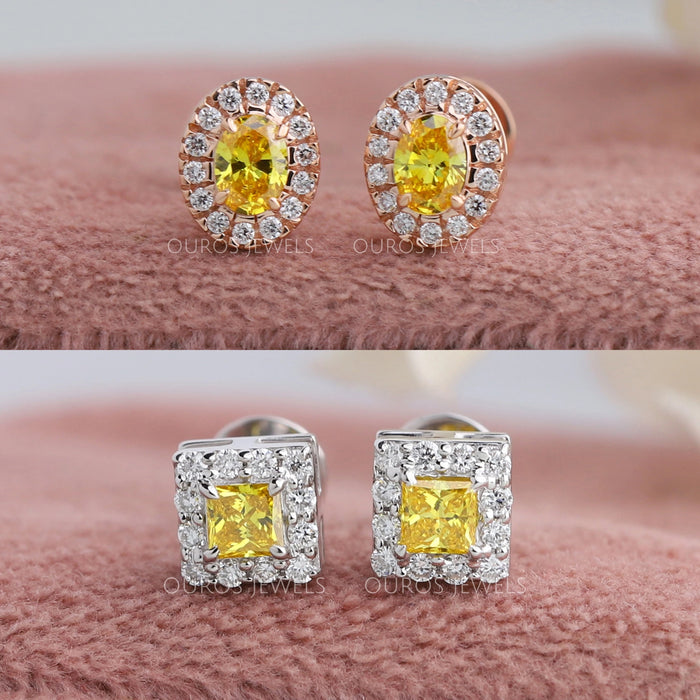 Yellow Princess & Oval Diamond Halo Stud Earrings Earring