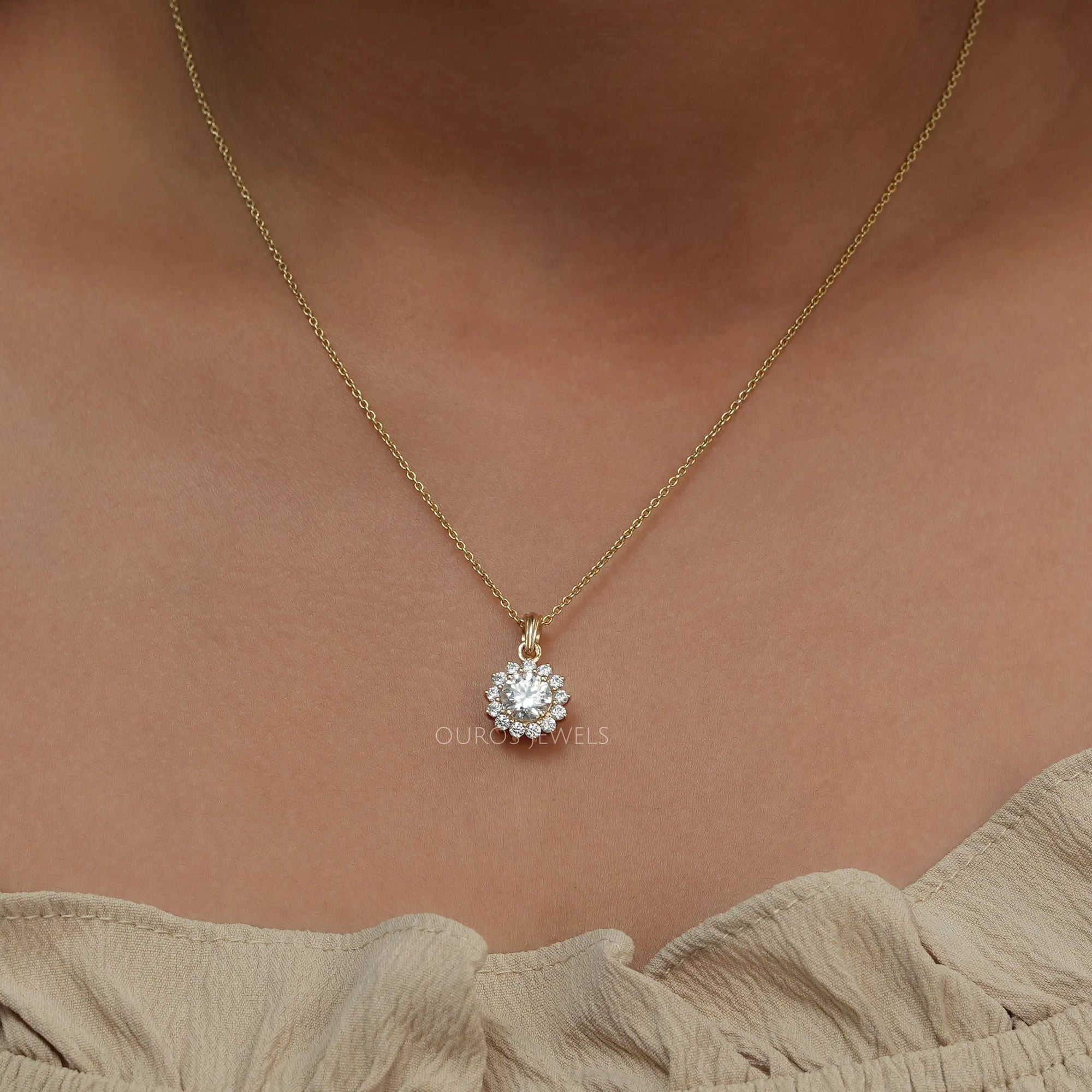 Prong Set Round Cut Halo Lab Diamond Pendant Necklaces