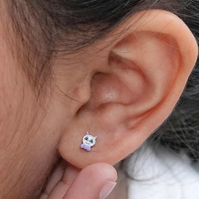 Enamel Cat Shape Black Diamond Stud Earrings