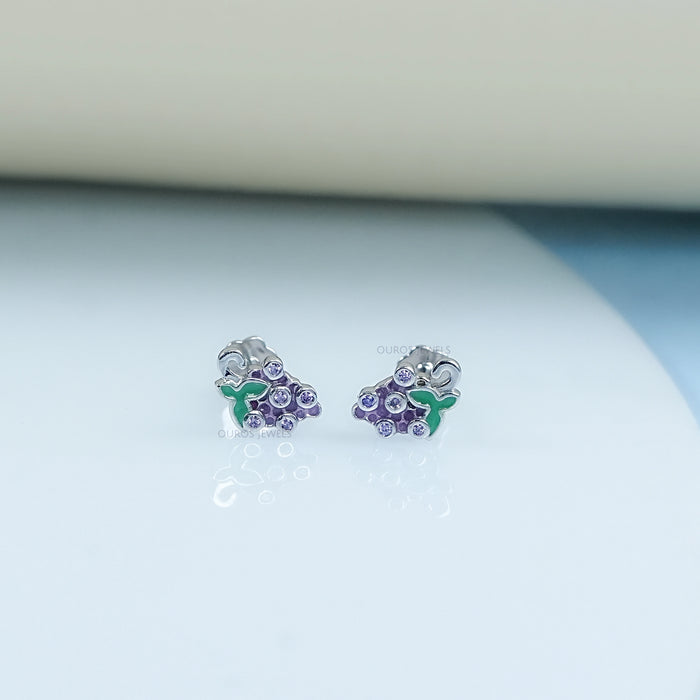 Purple Gemstone And Enamel Grape Earrings For Kids