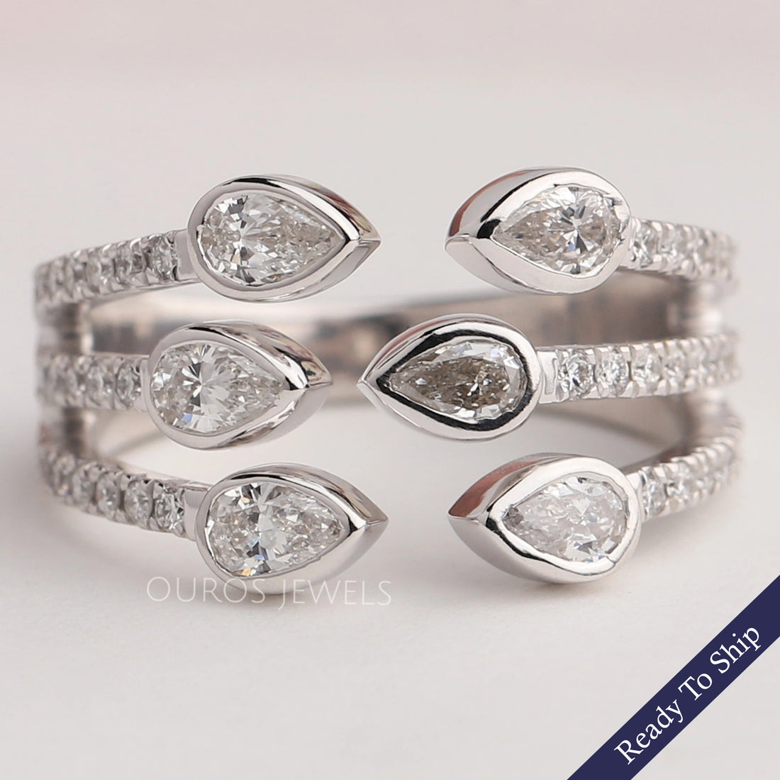 Three Row Pear Diamond Open Cuff Dainty Ring