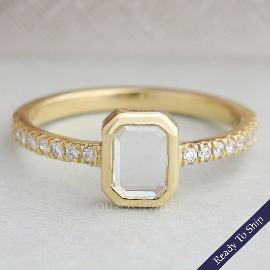 Portrait Cut Emerald Diamond Solitaire Accent Ring