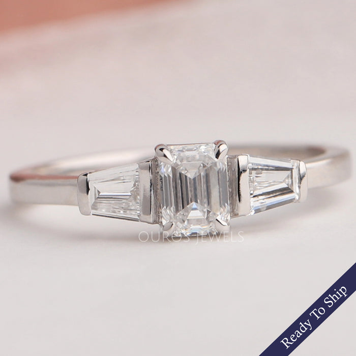 Three Stone Emerald Diamond  Engagement Ring