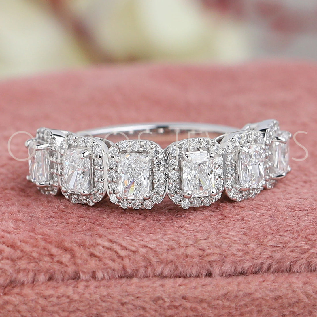 Radiant Cut Halo Half Eternity Wedding Band Rings
