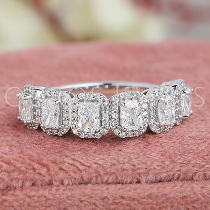 Radiant Cut Halo Half Eternity Wedding Band Rings