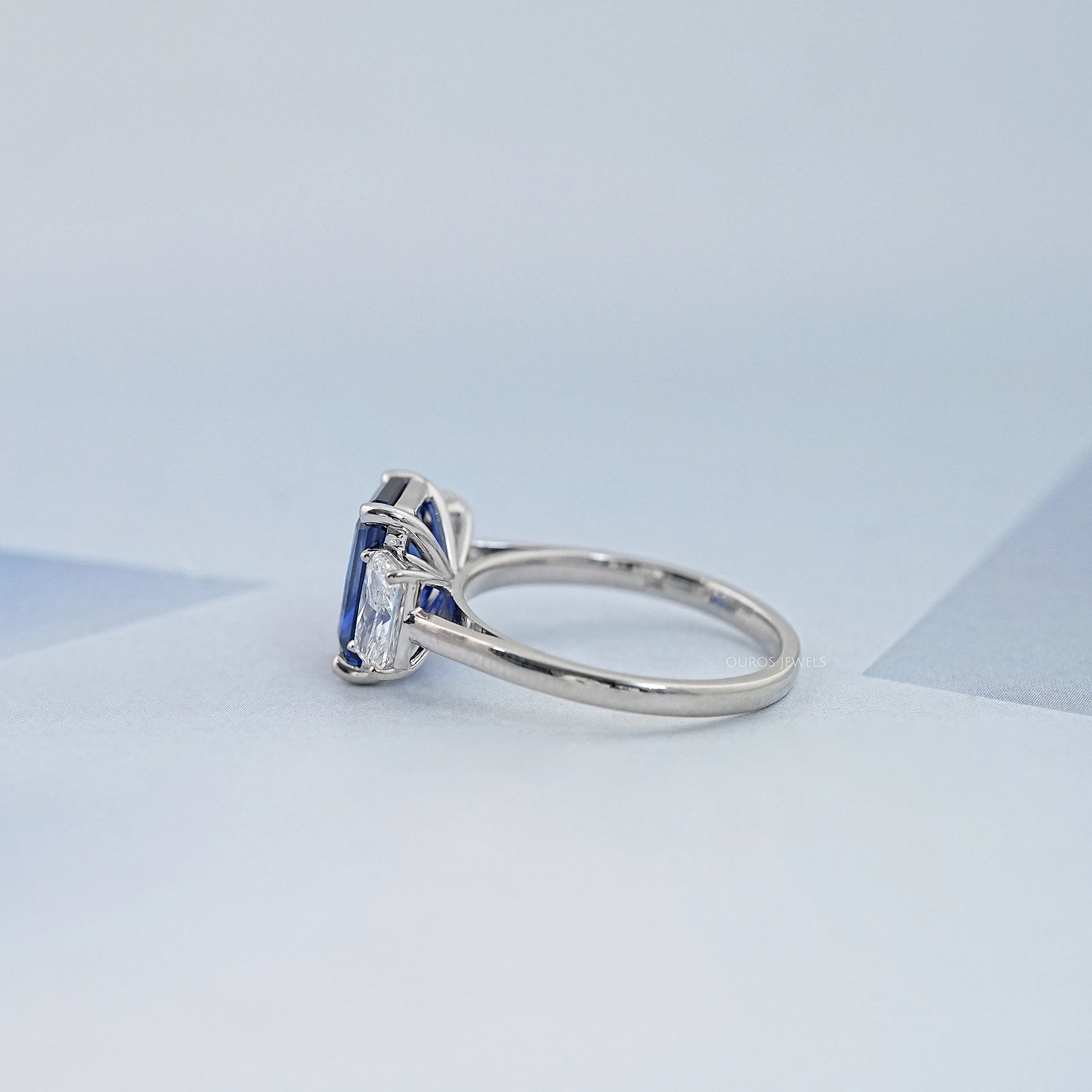 Sapphire Radiant And Lab Diamond Three Stone Ring Ring