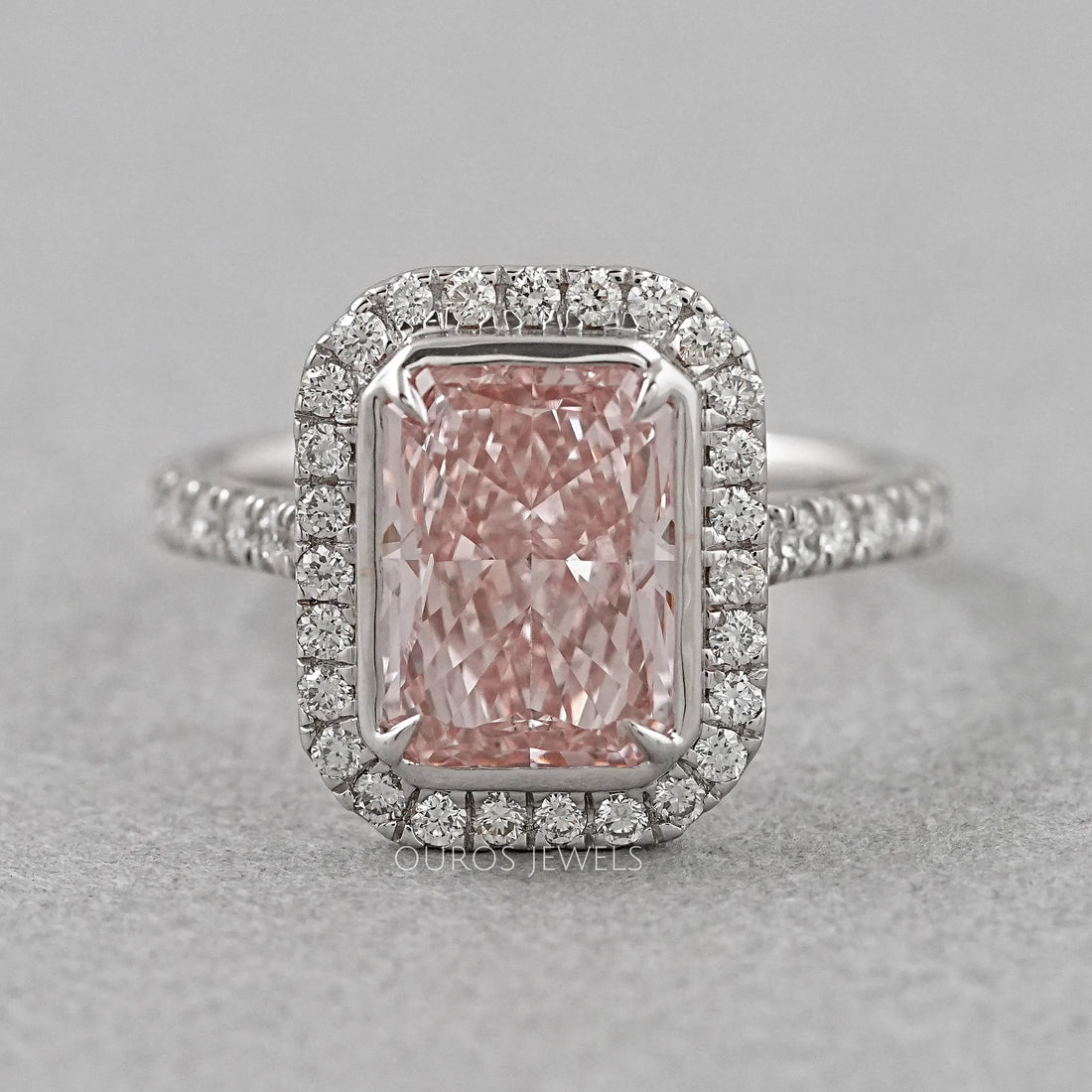 Fancy Pink Radiant Cut Halo Diamond Ring