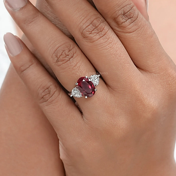 3 Stone Oval Ruby Lab Gemstone Ring