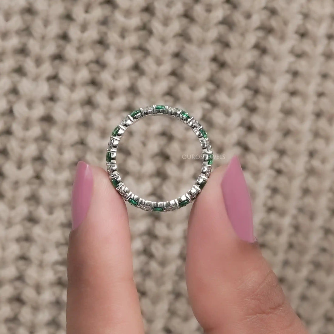 Three Row Emerald Gem And Diamond Wedding Band