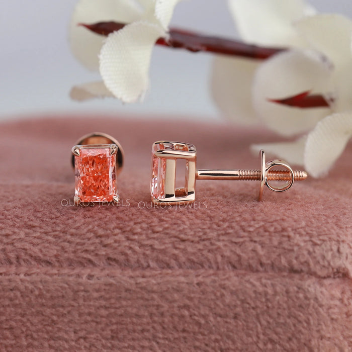 pink radiant cut diamond basket setting screw flat back stud earrings on box