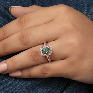 [A Women wearing Radiant Cut Pink Halo Diamond Ring]-[Ouros Jewels]