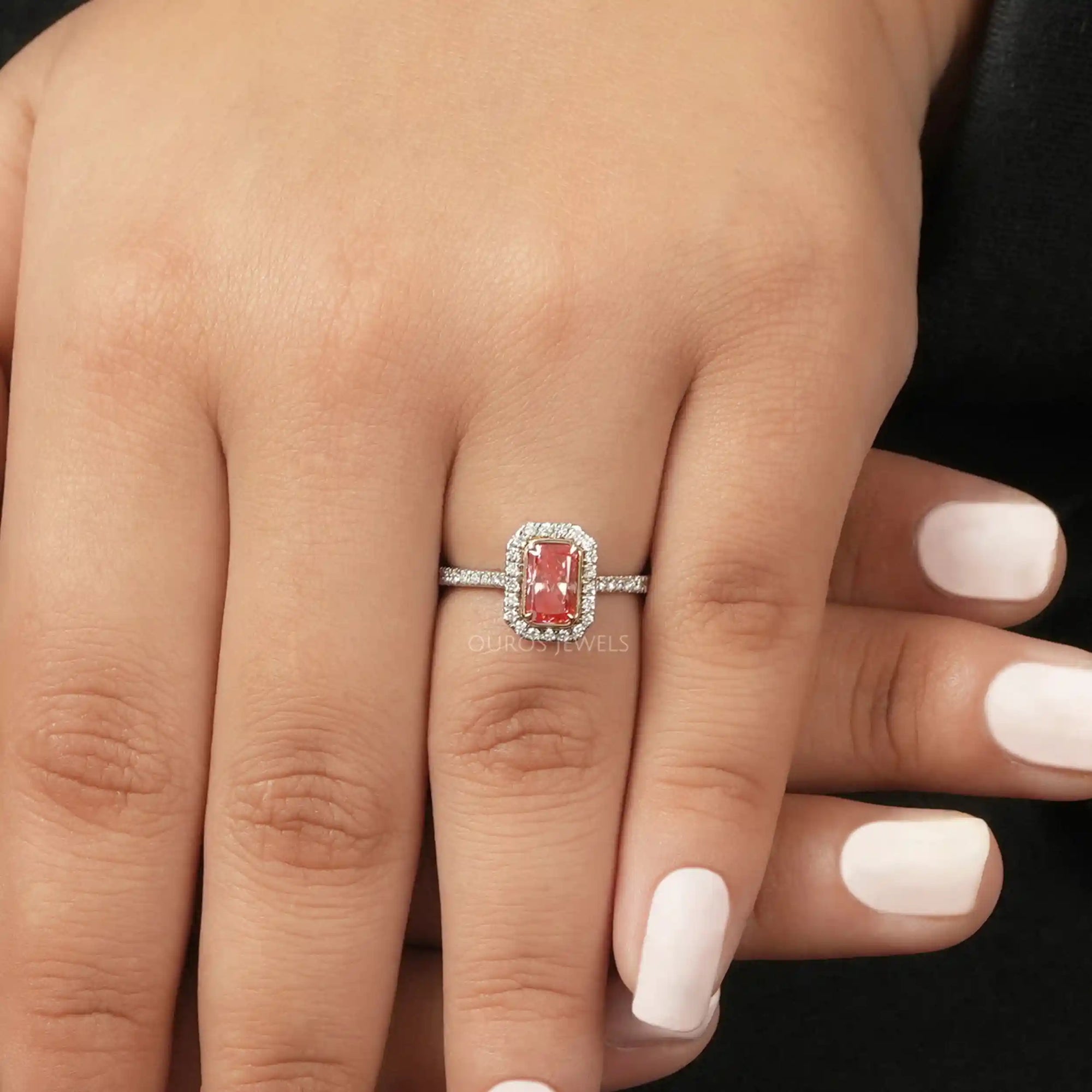 Fancy Pink Radiant Cut Halo With Accent Engagement Ring Ring