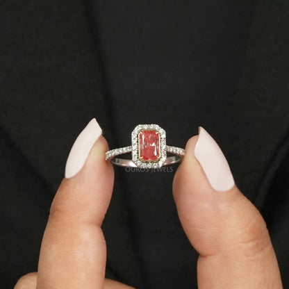 Fancy Pink Radiant Cut Halo With Accent Engagement Ring Ring