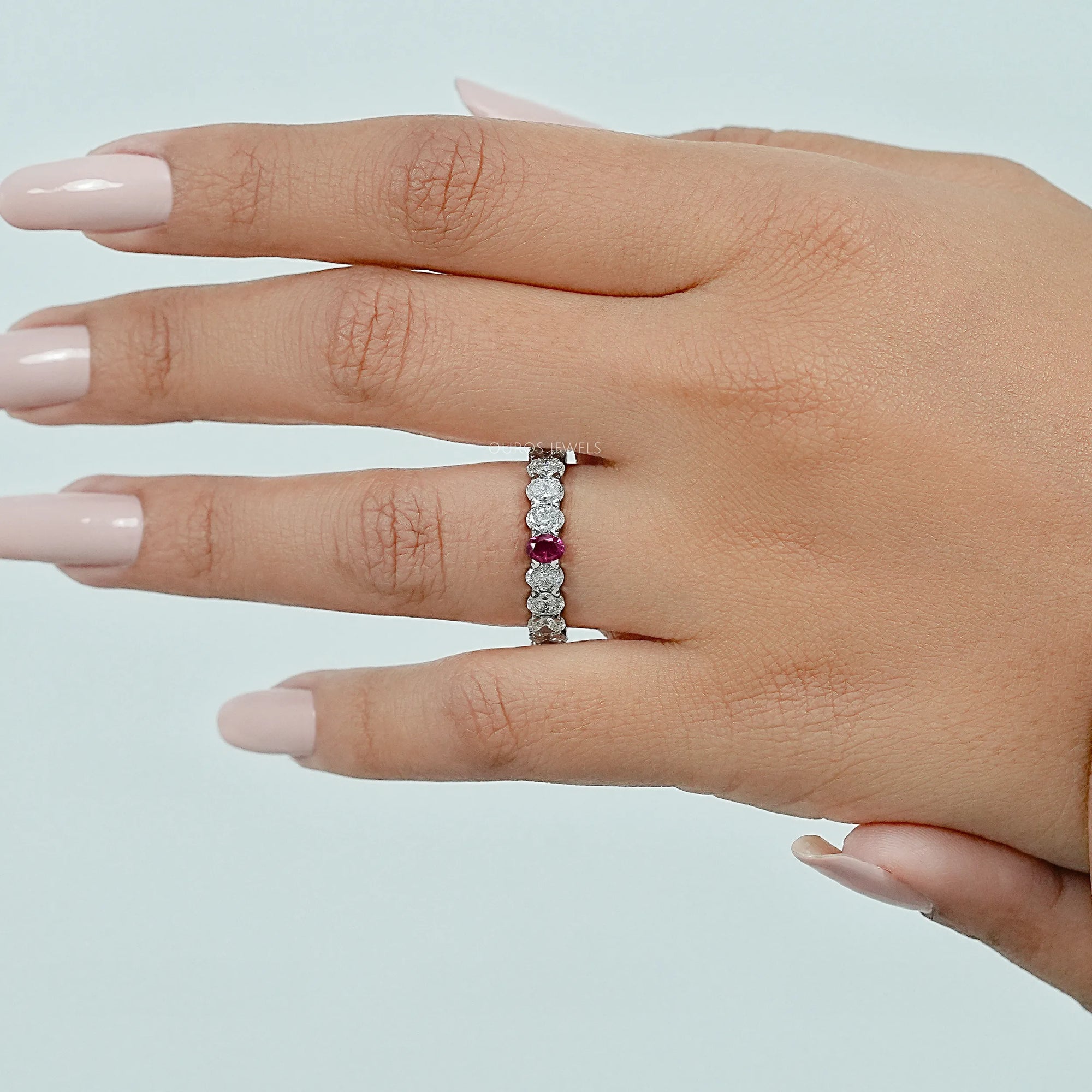 Red Oval Gemstone Eternity Wedding Band Rings