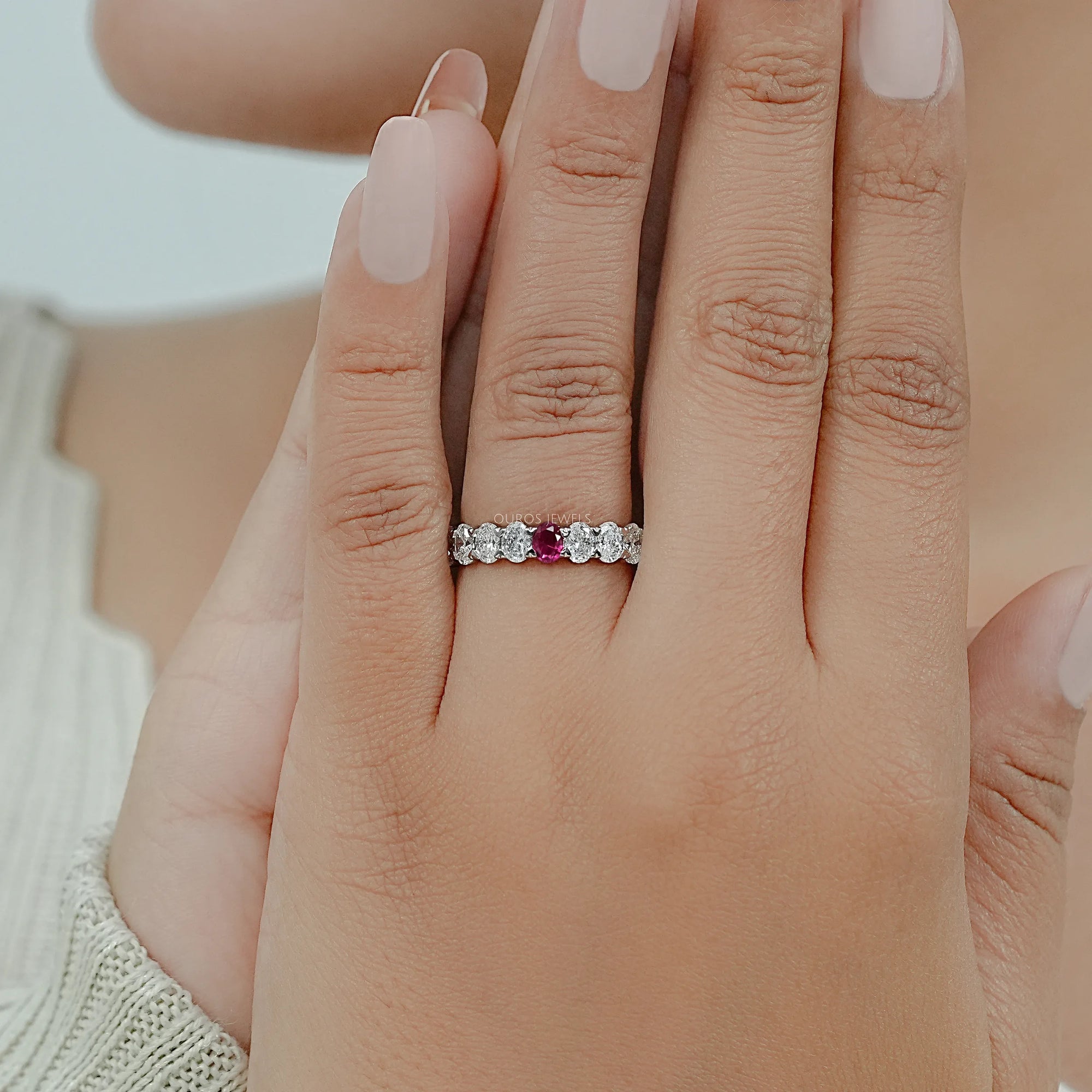 Red Oval Gemstone Eternity Wedding Band Rings