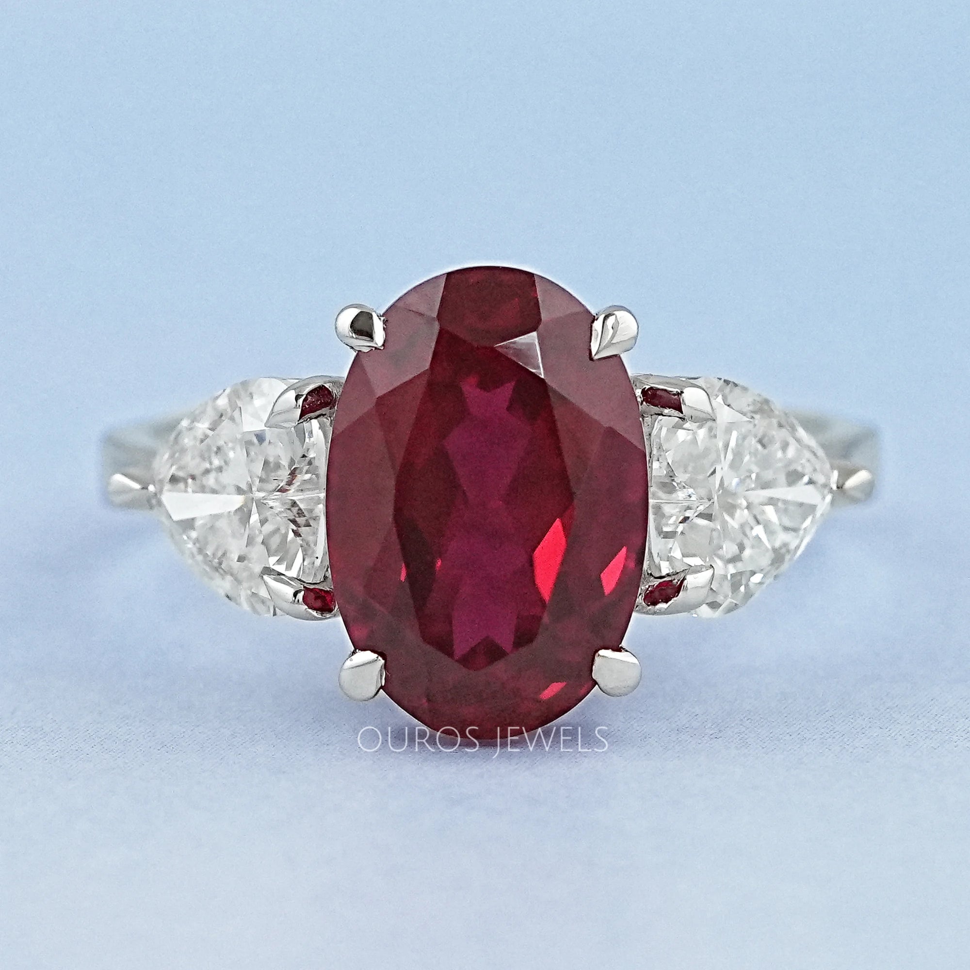 3 Stone Oval Ruby Lab Gemstone Ring Ring