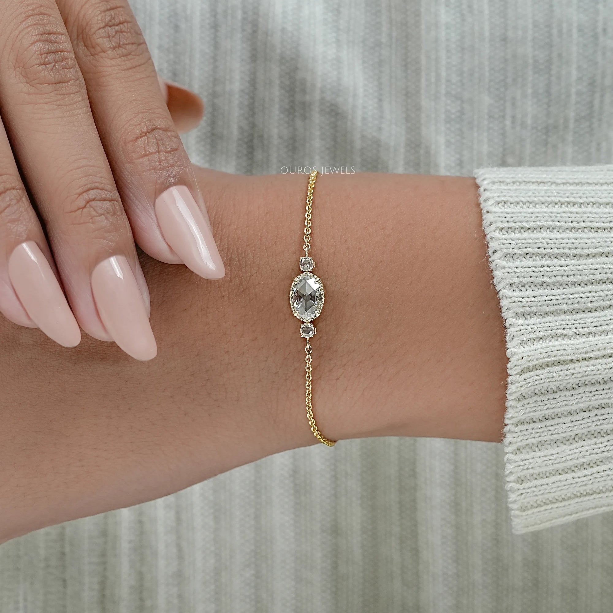 Three Stone Rose Cut Oval Bezel Chain Bracelet Bracelet