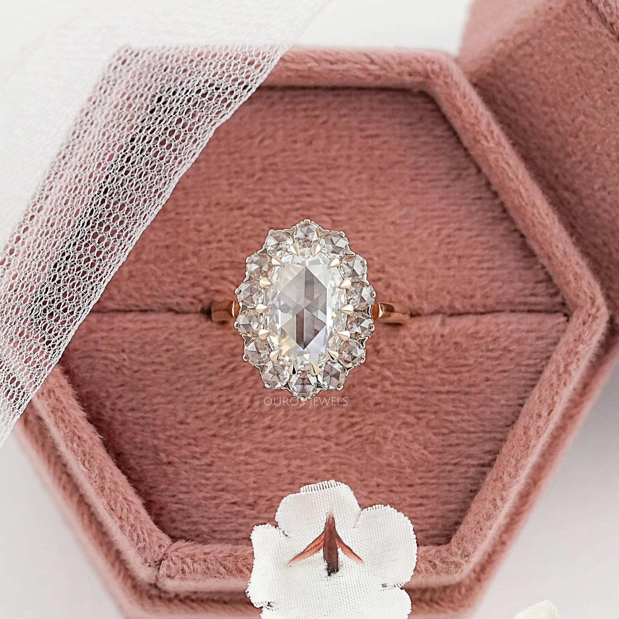 Rose Cut Oval Diamond Halo Engagement Ring