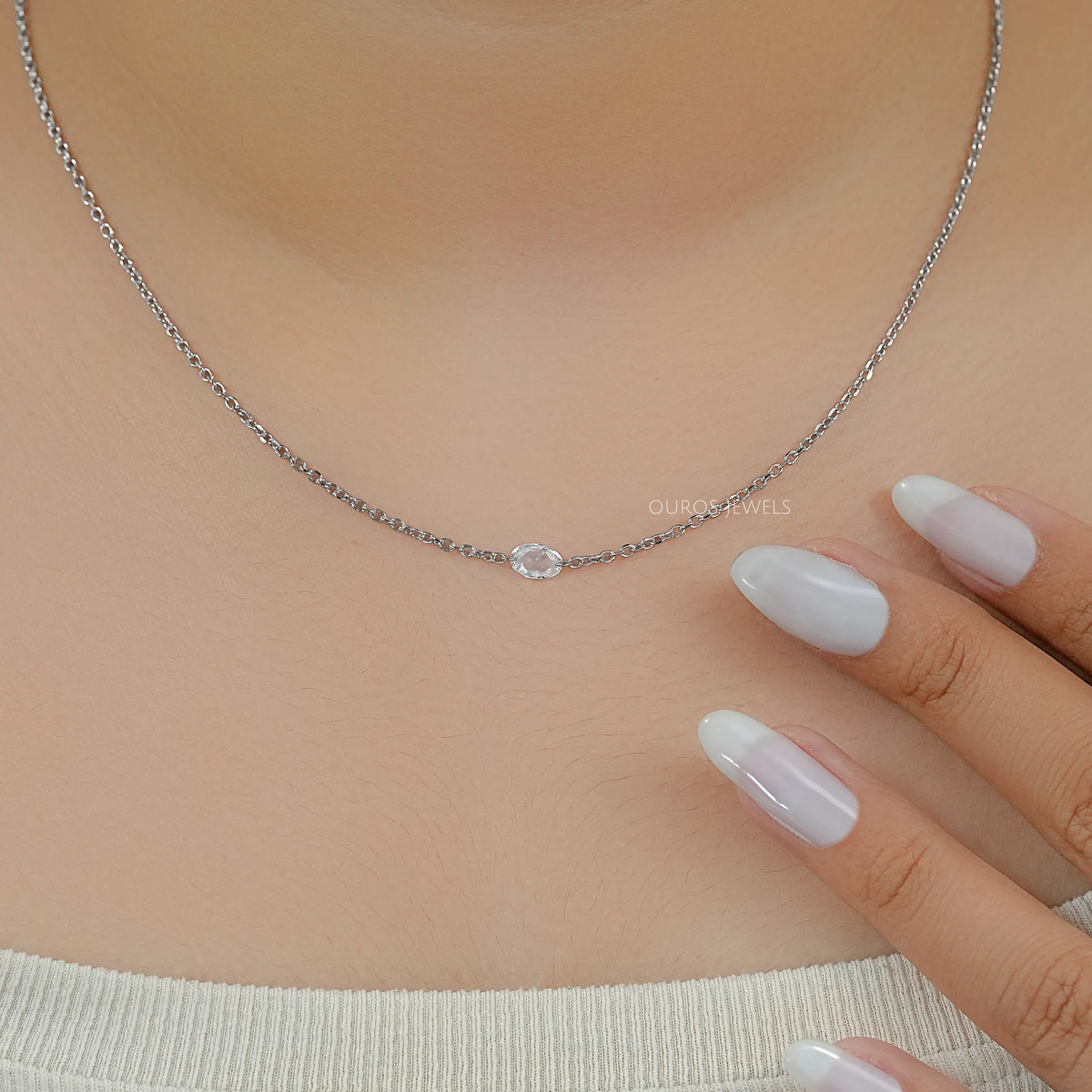 East West Rose Cut Oval Diamond Solitaire Necklace Necklaces