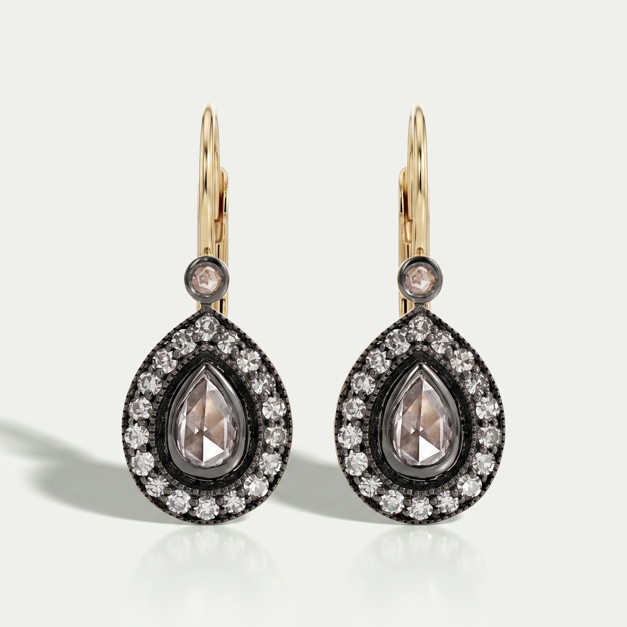 Rose Cut Pear Halo Diamond Dangle Earrings